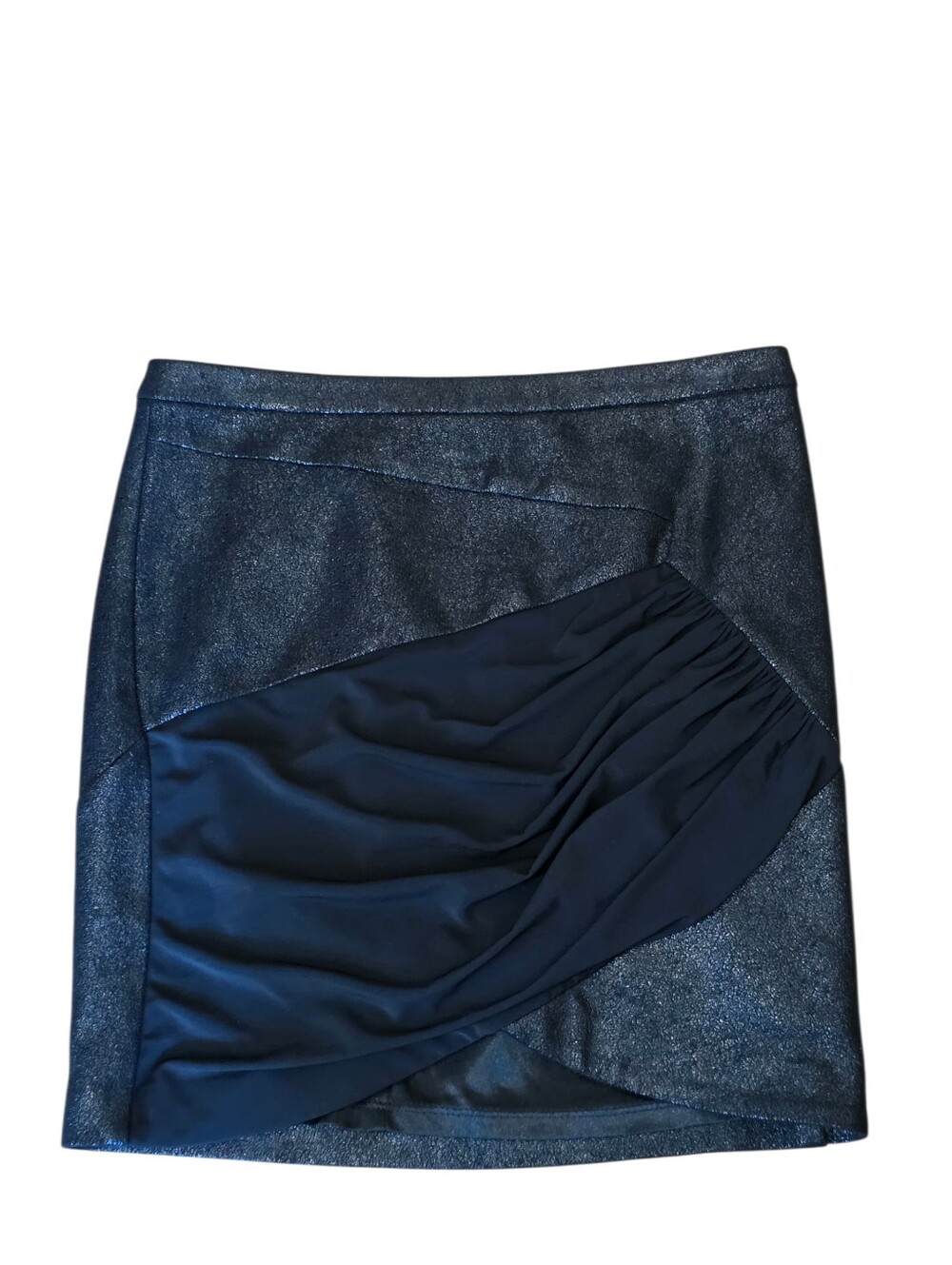 Bebe Black Metallic Draped-Front Mini Skirt Exposed Back Zip Sz XS